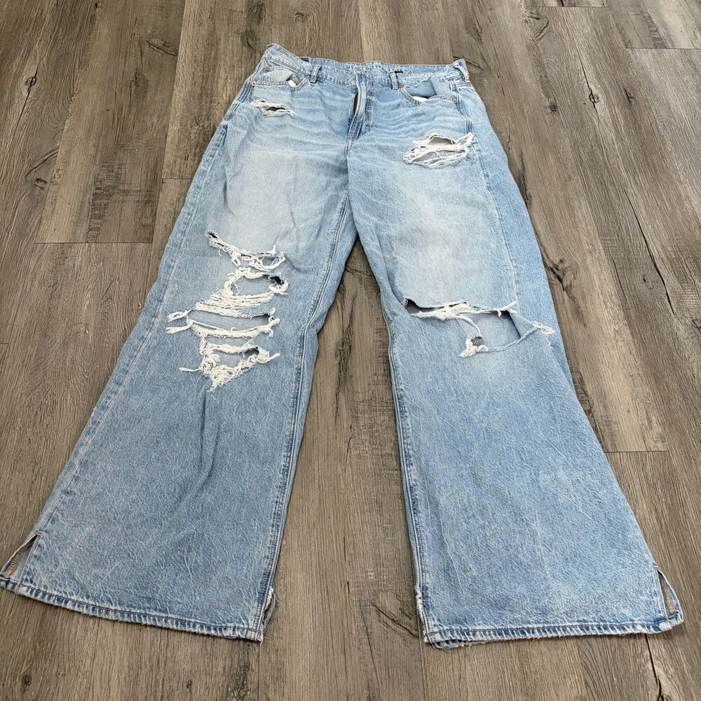 American Eagle Super High Rise Baggy Wide Leg Jeans Distressed Size 8 Grunge Y2K
